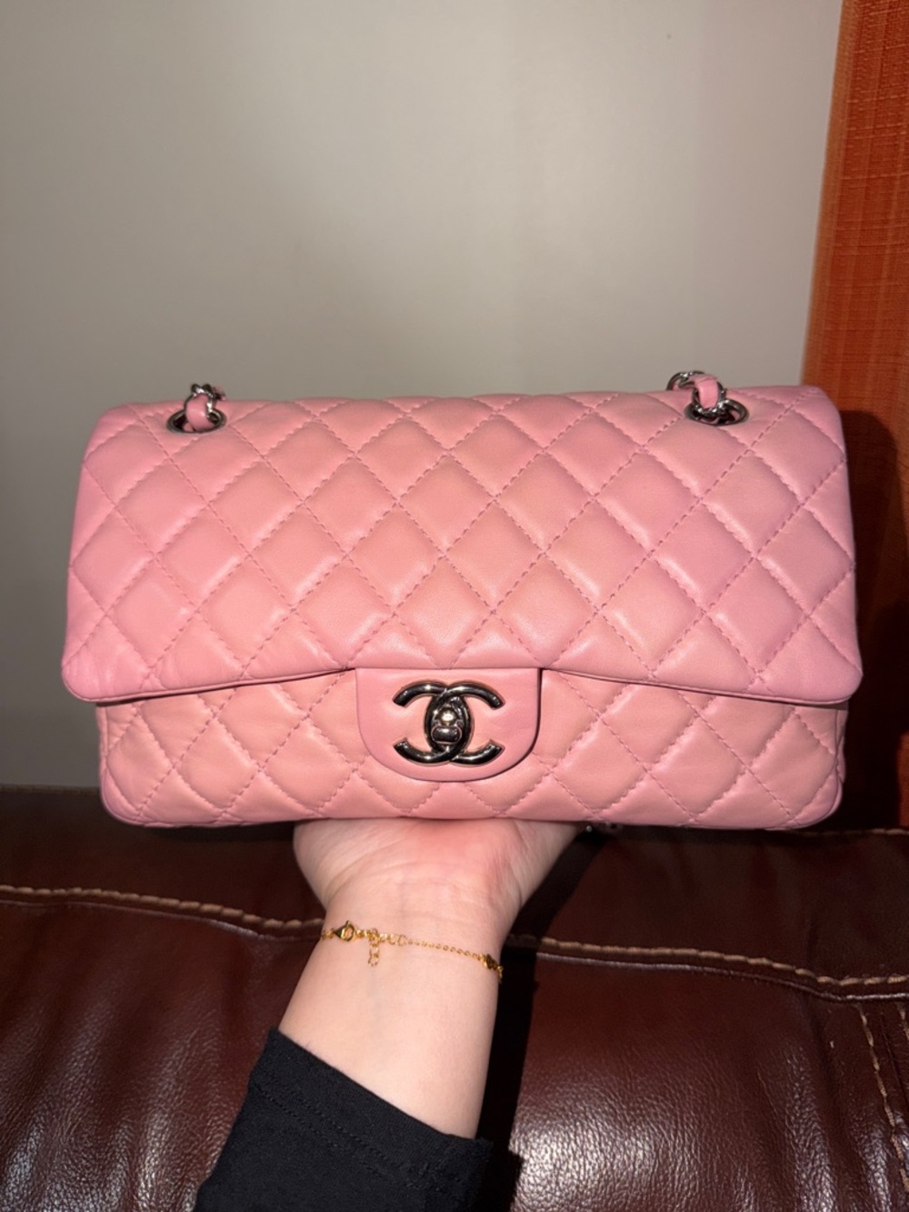 ‼️Authentic Chanel Pink Lambskin Leather Medium Classic Flap Shoulder Bag - Picture 7 of 16